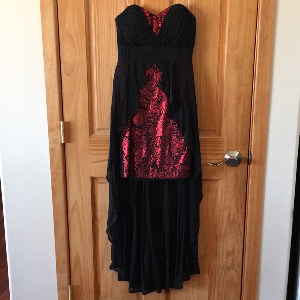 Black and red high-low strapless dress